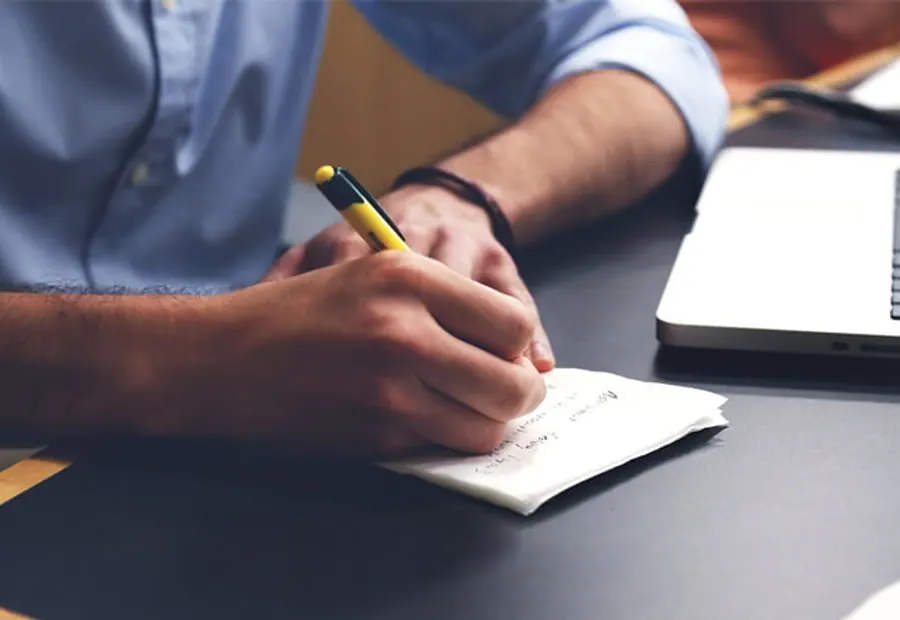 Hands working with a laptop and planning material